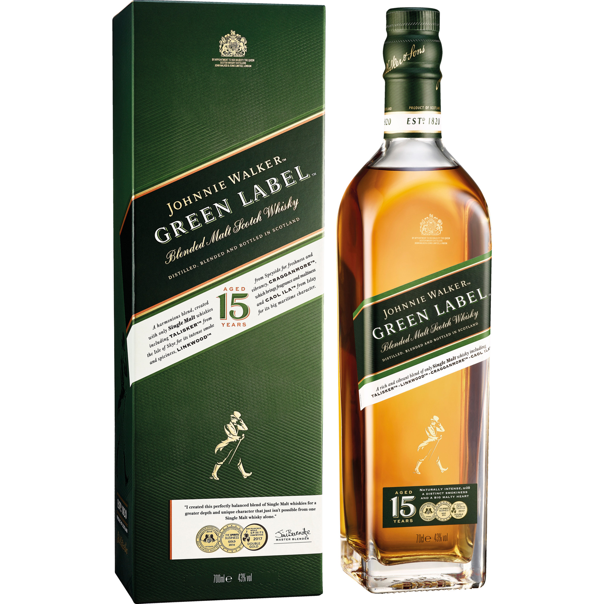 Johnnie Walker Green Label 15 years Scotch Whisky, Schottland, 0,7 L, 43% Vol., Schottland, Spirituosen Johnnie Walker & Sons, 5 Lochside Way, Edinburgh, EH12 9DT, Schottland Hawesko DE