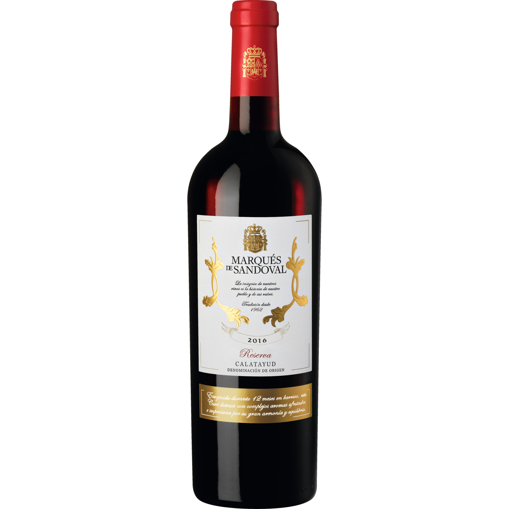 Marqués de Sandoval Reserva, Calatayud DO, Aragonien, 2016, Rotwein Vertrieb durch Hanseatisches Wein-und Sekt-Kontor Hawesko GmbH, D-22763 Hamburg – Bottled by R.E:50/42811-ES, Spain Hawesko DE