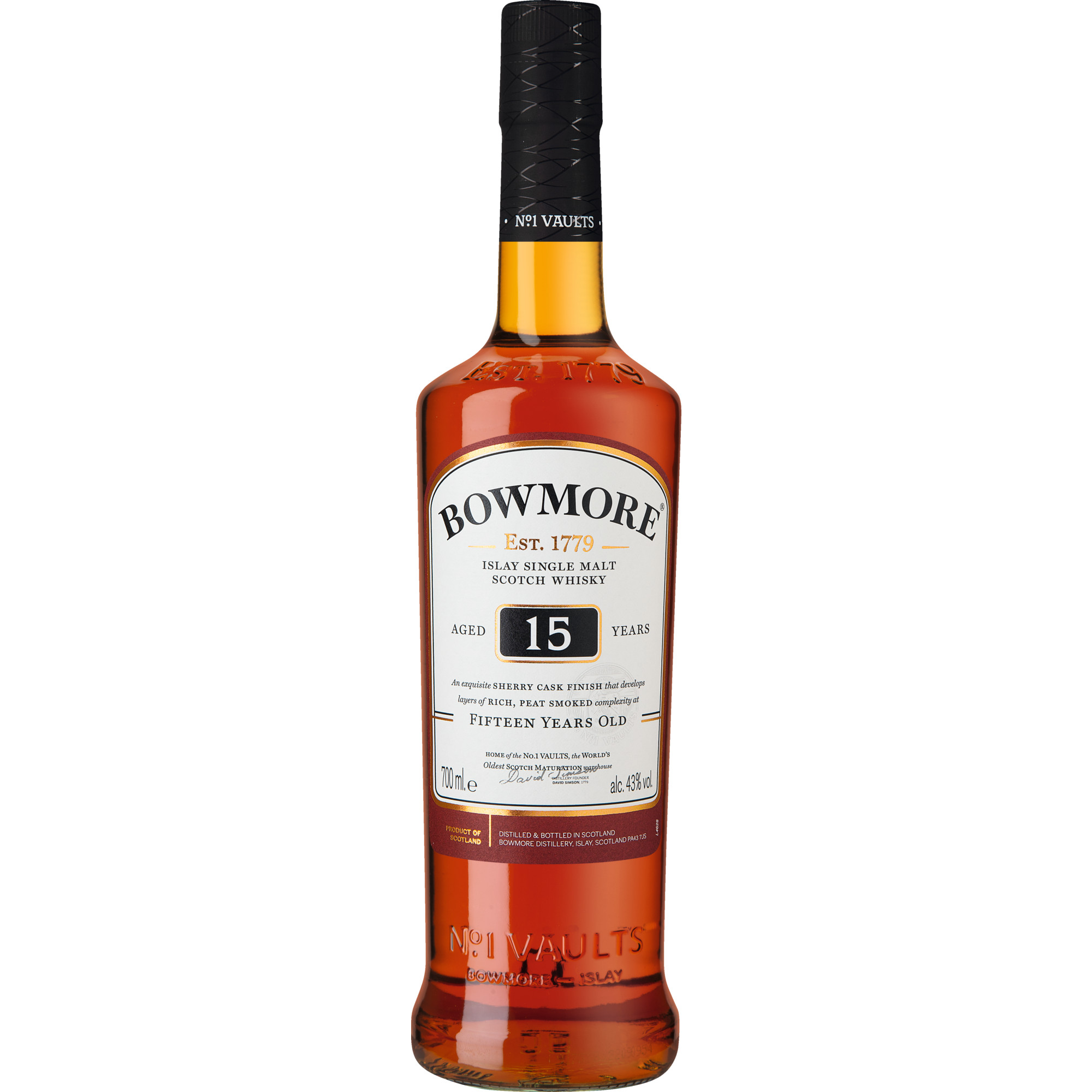 Bowmore 15 Years Islay Single Malt Scotch Whisky, 0,7 L, 43% Vol., Schottland, Spirituosen Bowmore Distillery, School St, Bowmore Isle of Islay, Argyll PA43 7JS, United Kingdom Hawesko DE