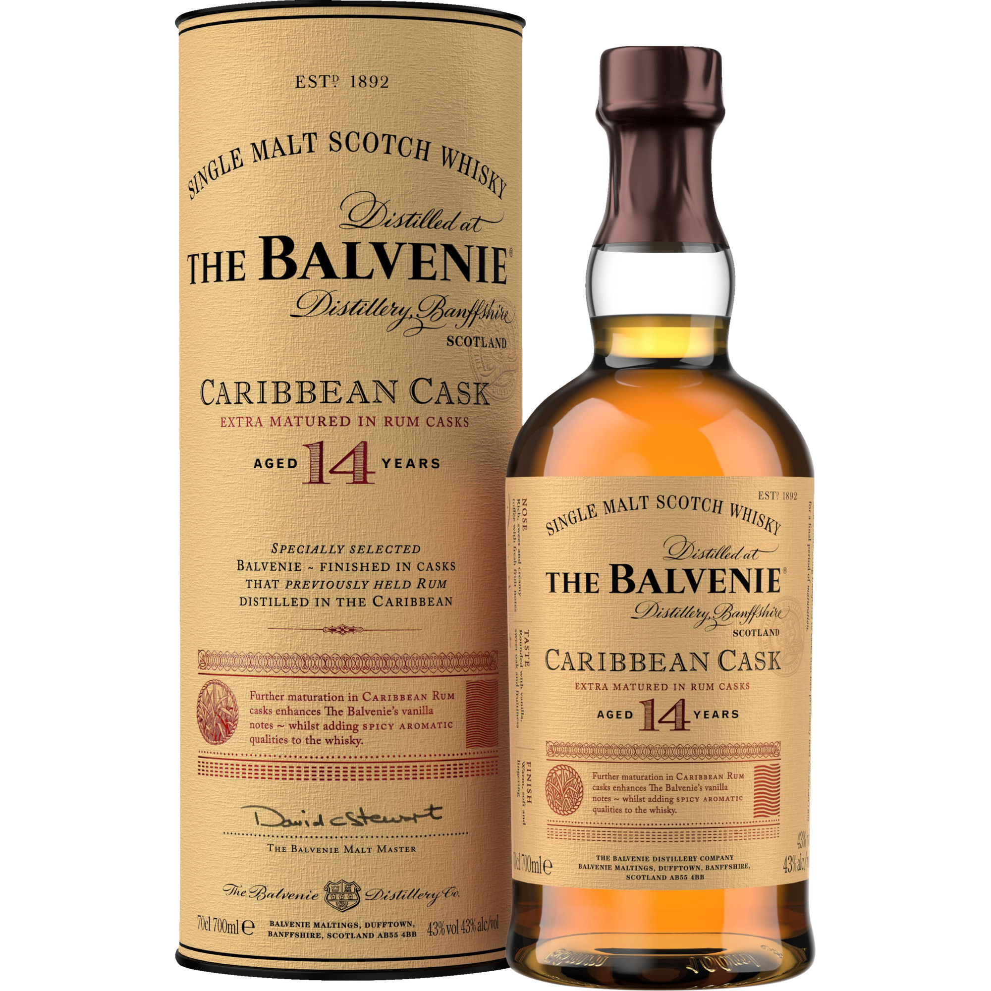 Balvenie 14 Caribbean Cask Single Malt Scotch, Whiskey, 0,7L, 43% Vol., Schottland, Spirituosen  Spirituosen Hawesko