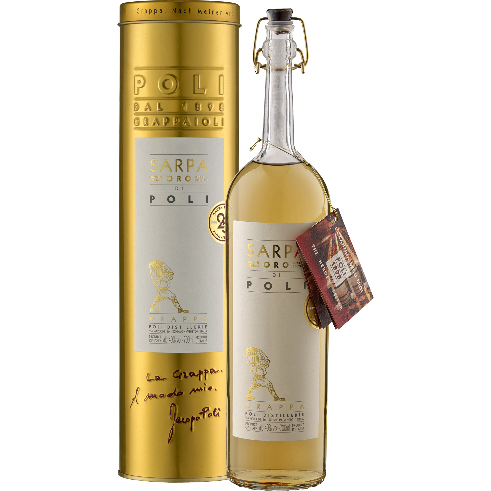 Grappa Sarpa Barrique Oro di Poli in Geschenkröhre, 0,7 L, 40% Vol., Venetien, Spirituosen - Spirituosen