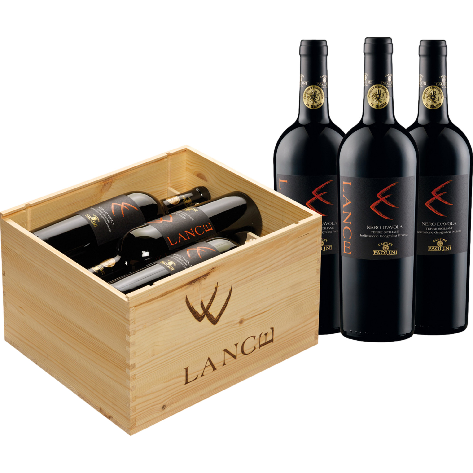 Cantine Paolini Lance Nero D'Avola, Terre Siciliane IGP, 6er Holzkiste, Sizilien, 2022, Rotwein