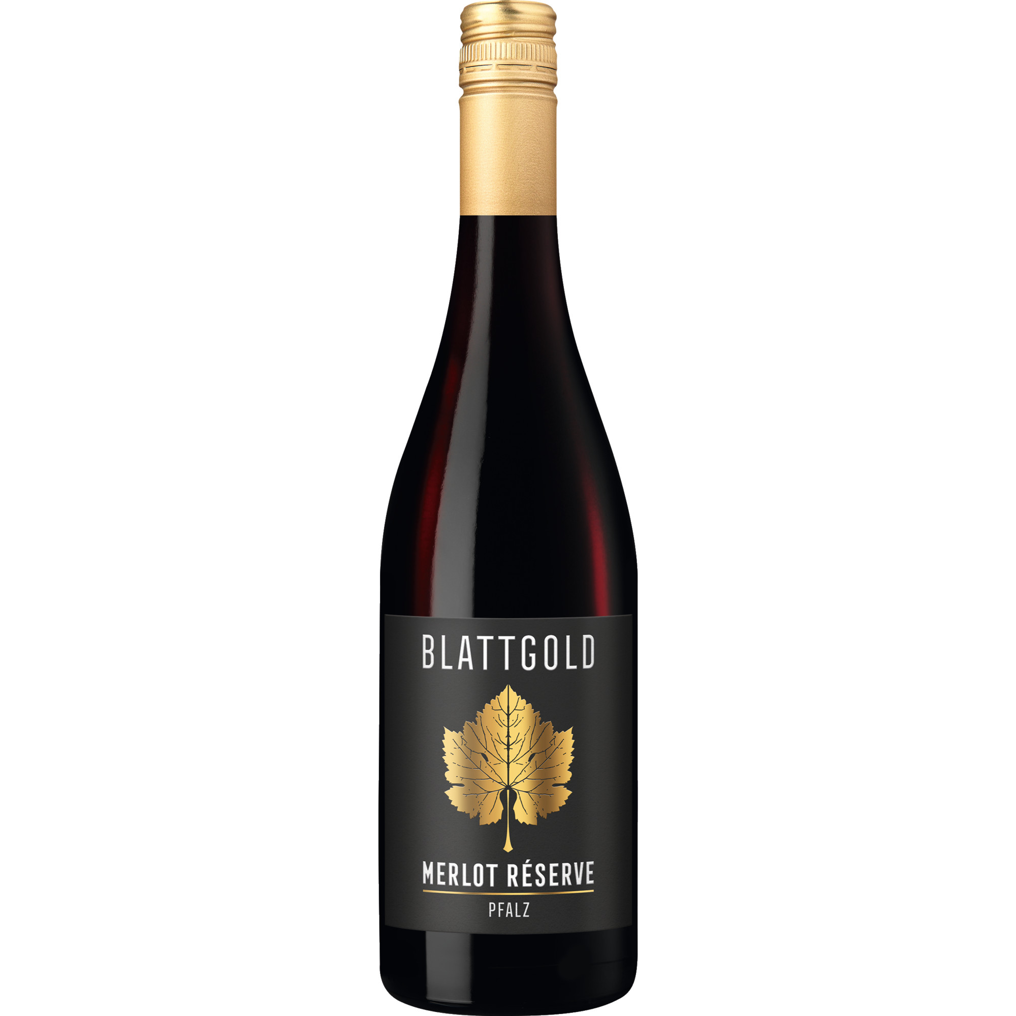 Blattgold Merlot Réserve, Trocken, Pfalz, Pfalz, 2023, Rotwein Vertrieb : Hanseatisches Wein- und Sekt-Kontor Hawesko GmbH, D - 22763 Hamburg; Abfüller : D-RP 160331 Hawesko DE