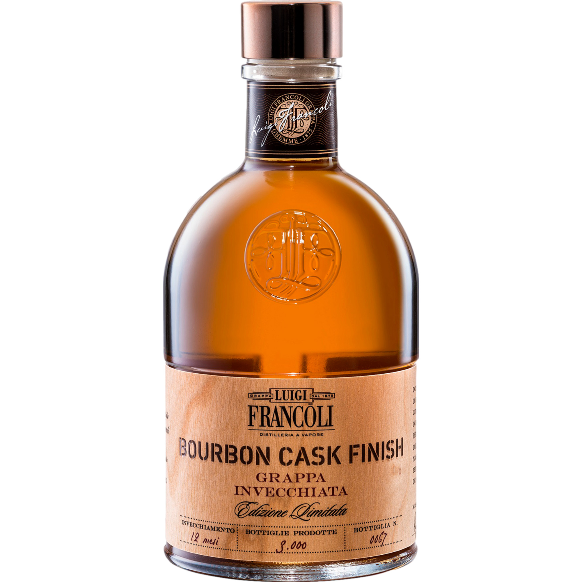 Luigi Francoli Grappa Bourbon Cask Finish, Italien, 0,5 L, 41,5% Vol., Spirituosen - Spirituosen