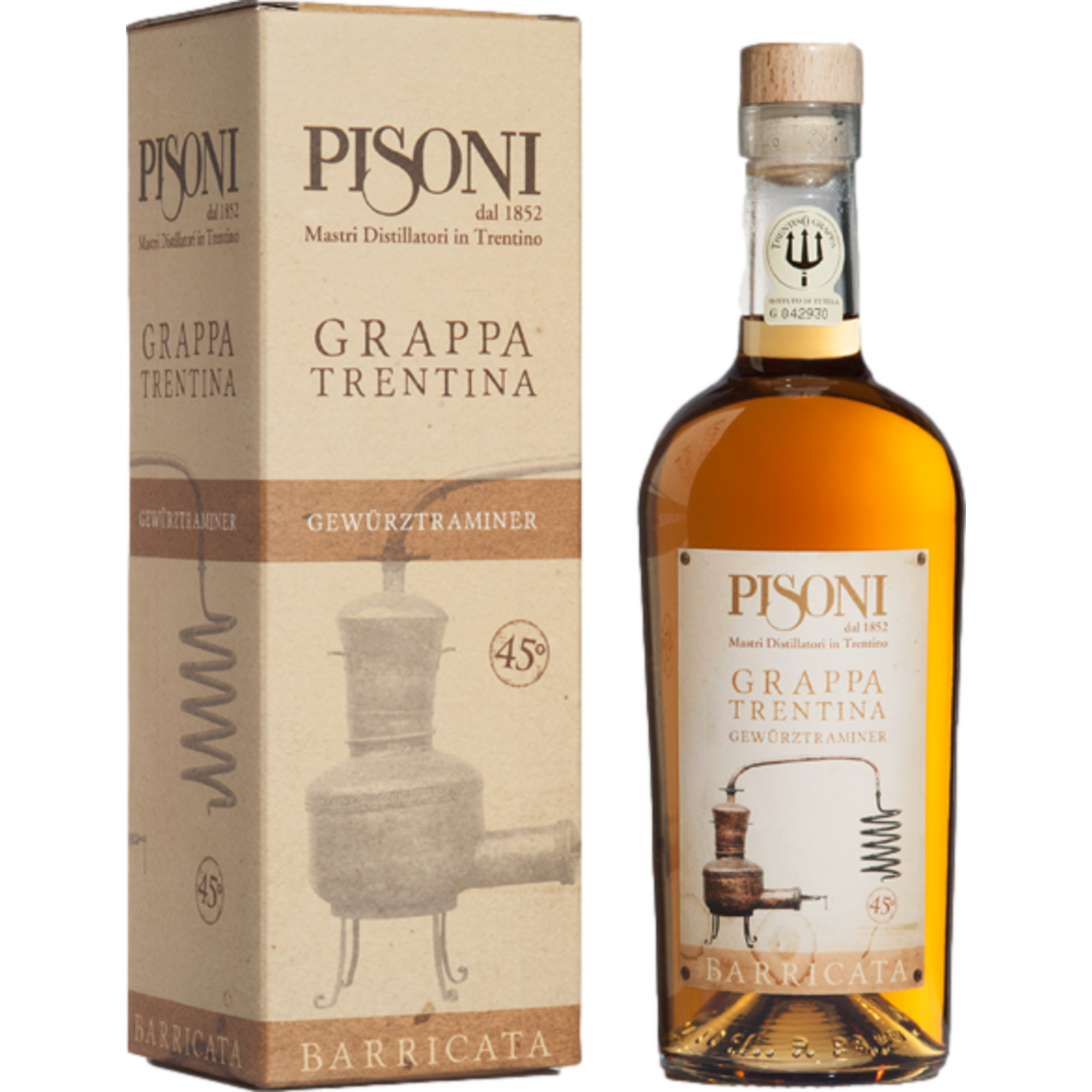 Image of Pisoni Grappa Gewürztraminer Barricata, Italien, 0,7 L, 45% Vol., Trentino, Spirituosen