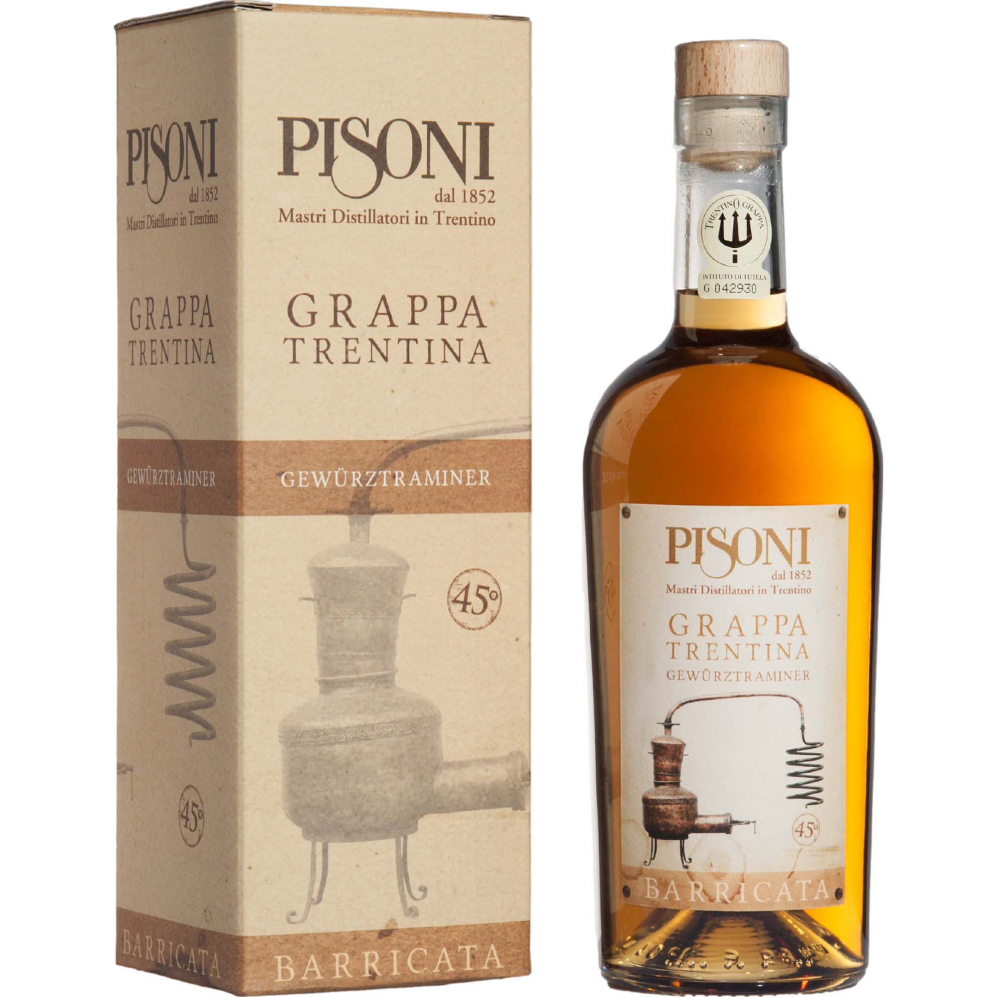 Image of Pisoni Grappa Gewürztraminer Barricata, Italien, 0,7 L, 45% Vol., Trentino, Spirituosen