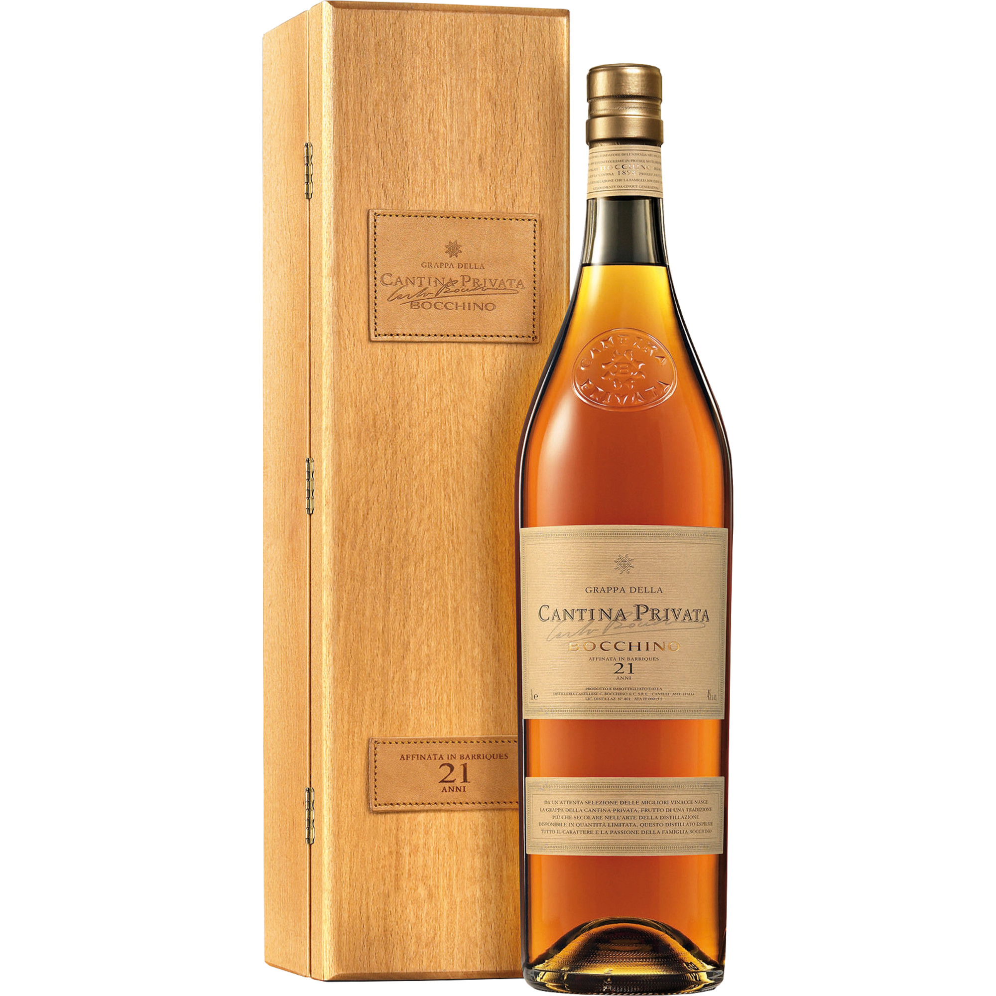 Grappa Cantina Privata Bocchino 21 Jahre, 3,0 L, 45% vol in Holzkiste, Piemont, Spirituosen - Spirituosen