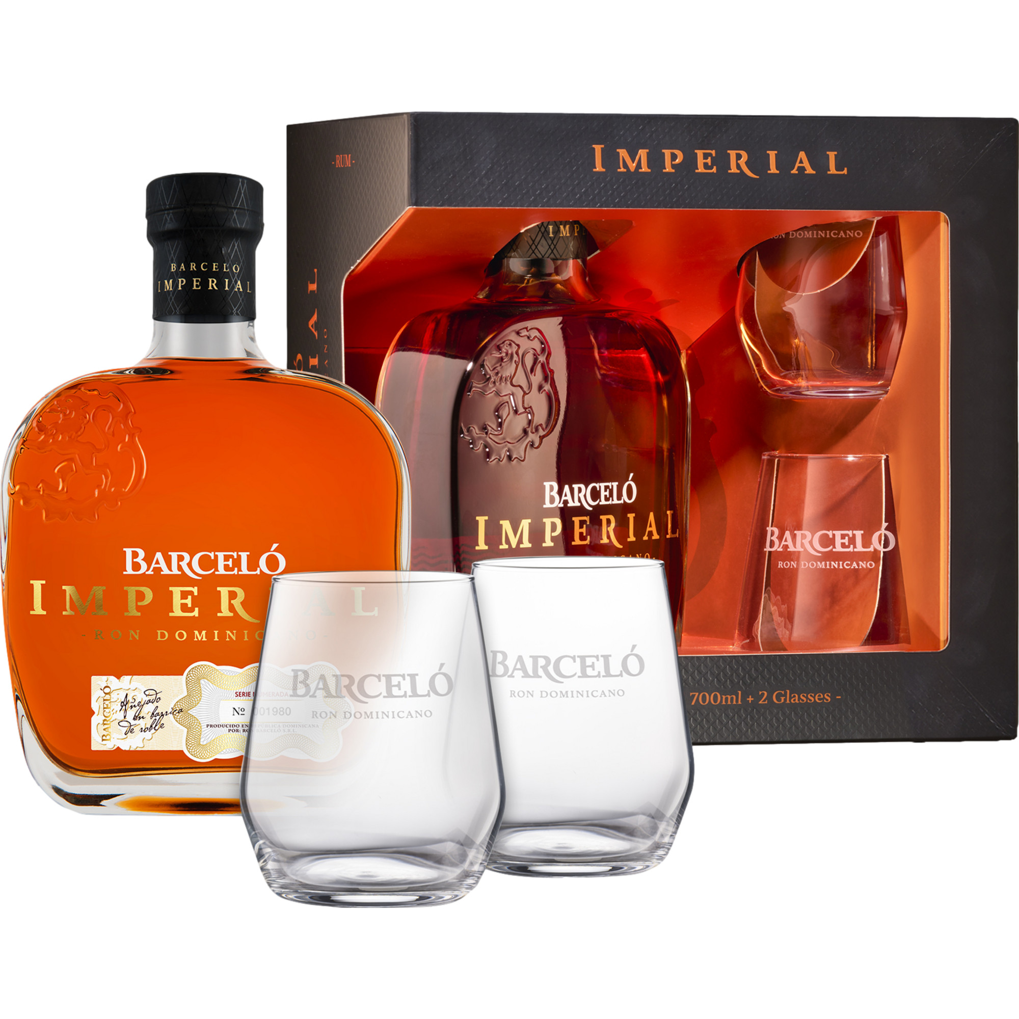 Ron Barceló Imperial 38% vol. Gepa mit 2 Gläsern, Dominikanische Republik, 0,7 L, 38% Vol., Spirituosen