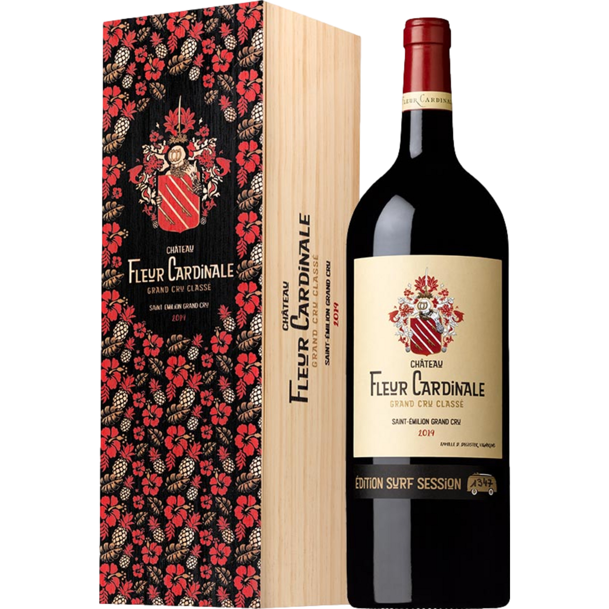 Château Fleur Cardinale Edition Surf, Saint-Emilion Grand Cru AOP, Magnum, Holzkiste, Bordeaux, 2019, Rotwein
