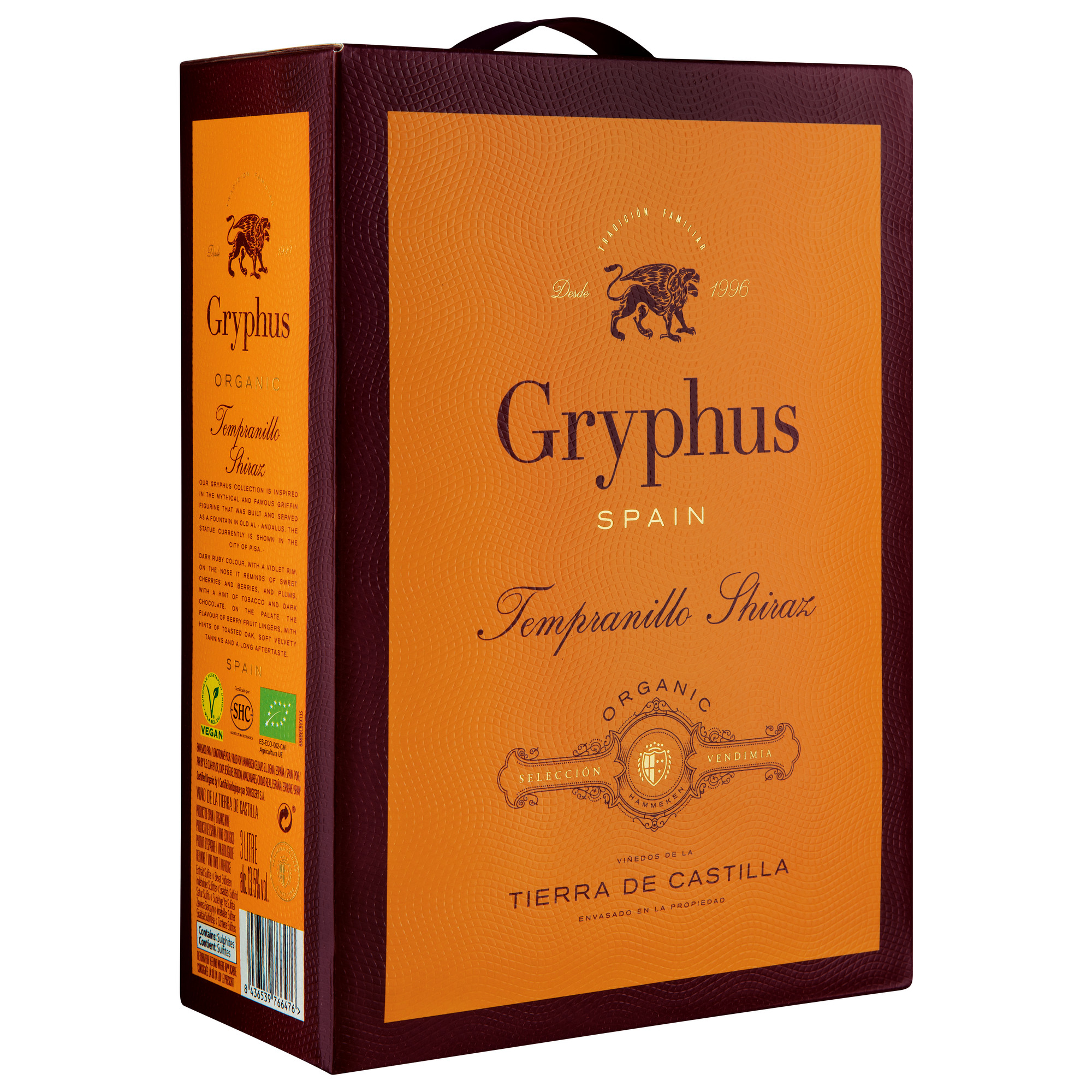 Gryphus Tempranillo Shiraz, Vino de la Tierra de Castilla, Bag-in-Box, 3 L, Vino de la Tierra de Castilla, Rotwein  Rotwein Hawesko