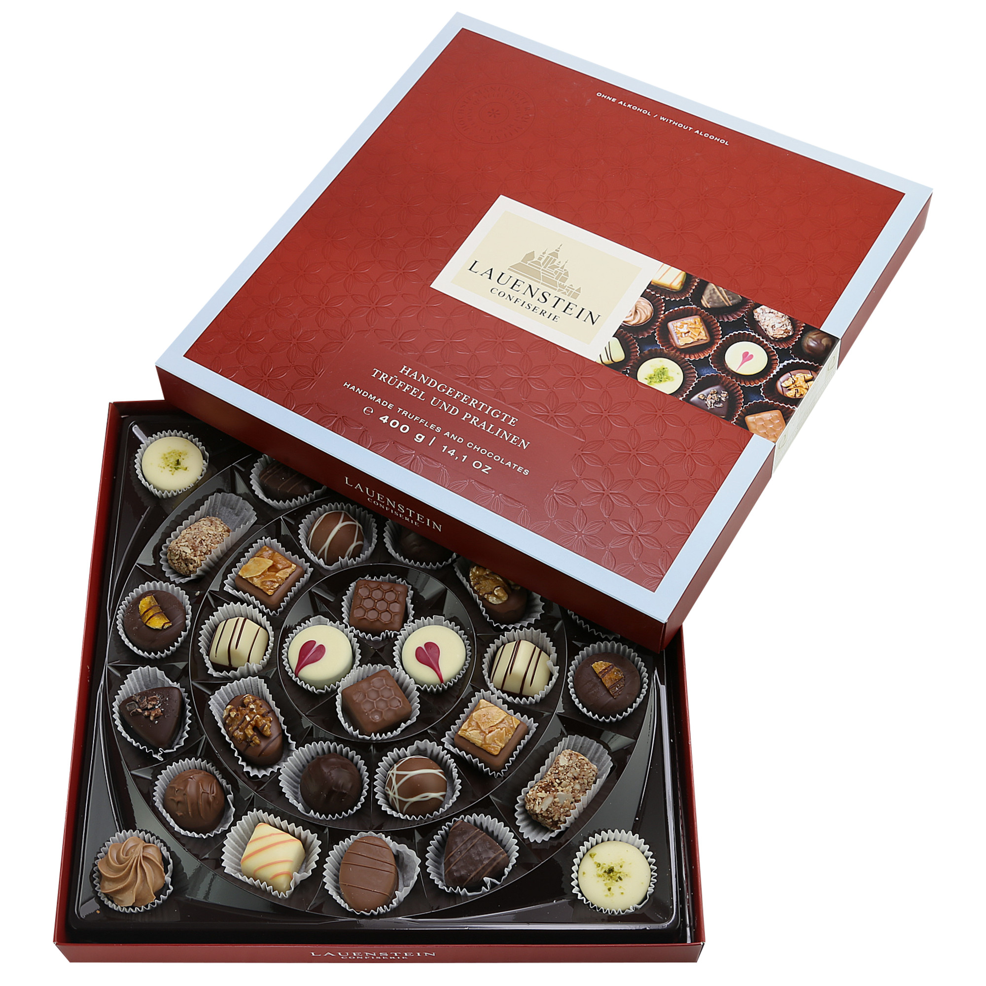 Trüffel- & Pralinen-Auslese Lauensteiner Klassik, Alkoholfrei 400g, in eigenem Umkarton, Präsente